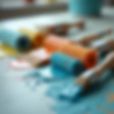 Close-up of paint rollers and brushes