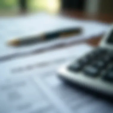 Calculator with tax forms and a pen